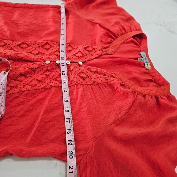 Figueroa & Flower Boho Peasant Rusty Orange Lace Button Neck Top Size Medium - Picture 8 of 9